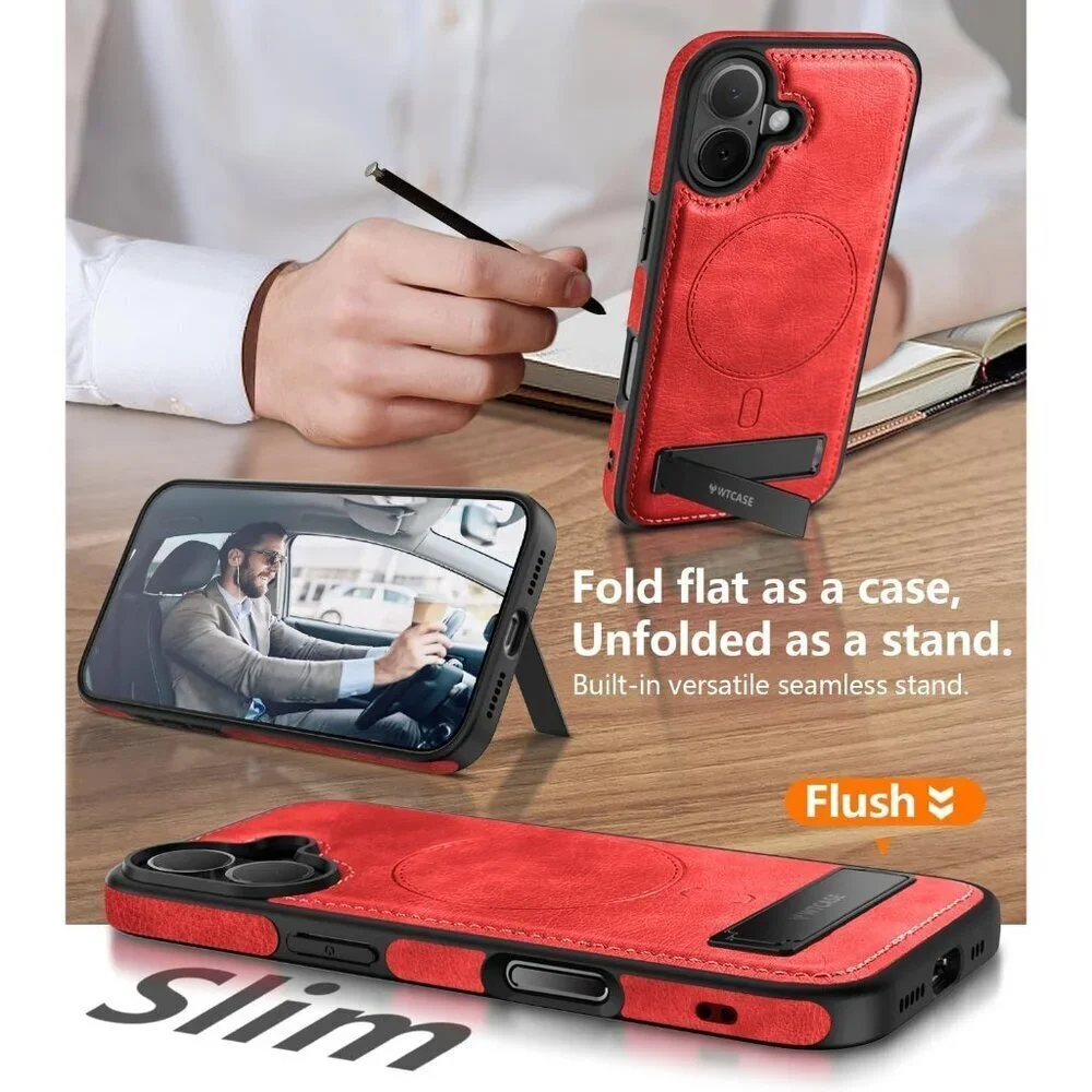 Red Iphone 17 Pro Max Invisible Stand Protective Slim Kickstand Leather Case